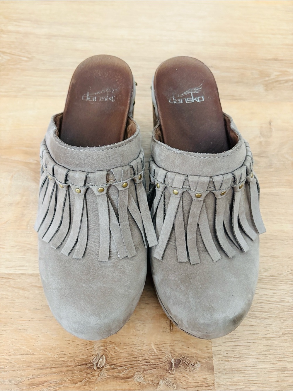 Dansko Taupe Suede Fringe Slip-On Clogs